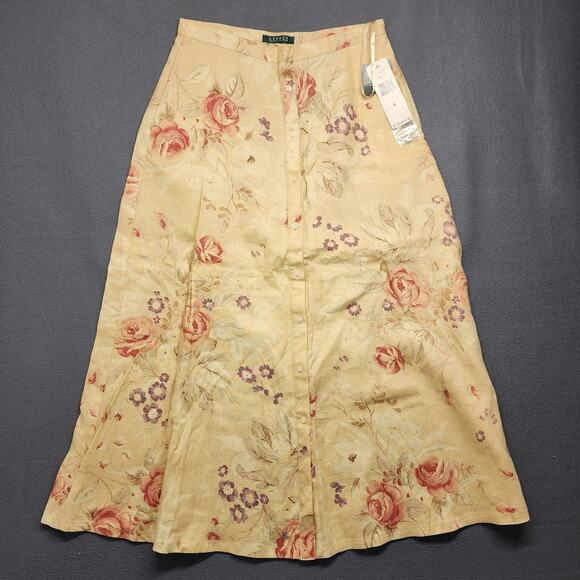 Ralph Lauren LRL Skirt Womens 4 Long Floral 100% Linen Button Front Vintage NEW